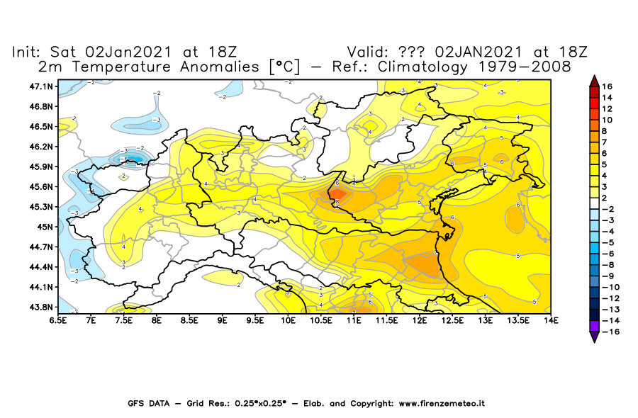 Mappa di analisi GFS - Anomalia Temperatura [°C] a 2 m in Nord-Italia
									del 02/01/2021 18 <!--googleoff: index-->UTC<!--googleon: index-->