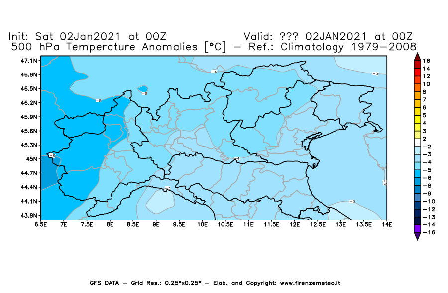 Mappa di analisi GFS - Anomalia Temperatura [°C] a 500 hPa in Nord-Italia
									del 02/01/2021 00 <!--googleoff: index-->UTC<!--googleon: index-->