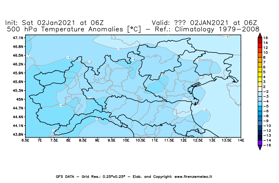 Mappa di analisi GFS - Anomalia Temperatura [°C] a 500 hPa in Nord-Italia
									del 02/01/2021 06 <!--googleoff: index-->UTC<!--googleon: index-->