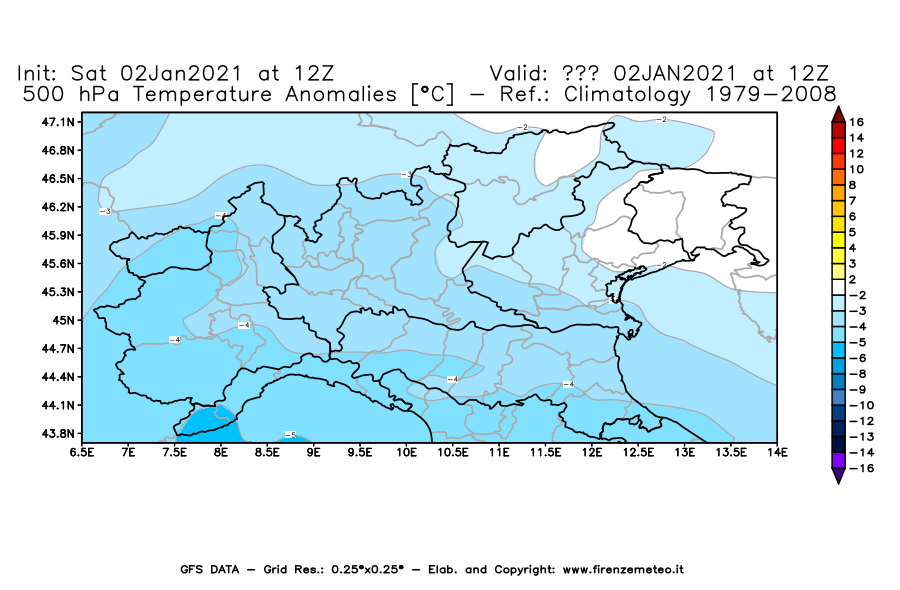 Mappa di analisi GFS - Anomalia Temperatura [°C] a 500 hPa in Nord-Italia
									del 02/01/2021 12 <!--googleoff: index-->UTC<!--googleon: index-->