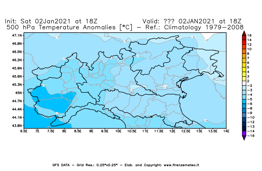 Mappa di analisi GFS - Anomalia Temperatura [°C] a 500 hPa in Nord-Italia
									del 02/01/2021 18 <!--googleoff: index-->UTC<!--googleon: index-->