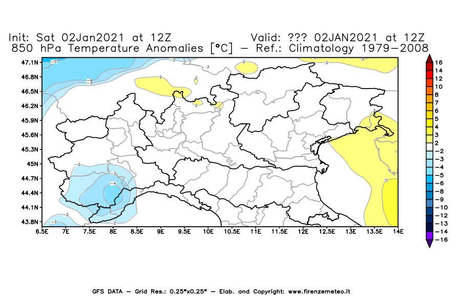 Mappa di analisi GFS - Anomalia Temperatura [°C] a 850 hPa in Nord-Italia
									del 02/01/2021 12 <!--googleoff: index-->UTC<!--googleon: index-->