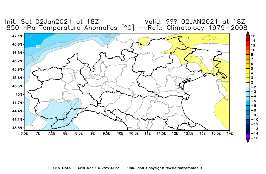 Mappa di analisi GFS - Anomalia Temperatura [°C] a 850 hPa in Nord-Italia
									del 02/01/2021 18 <!--googleoff: index-->UTC<!--googleon: index-->