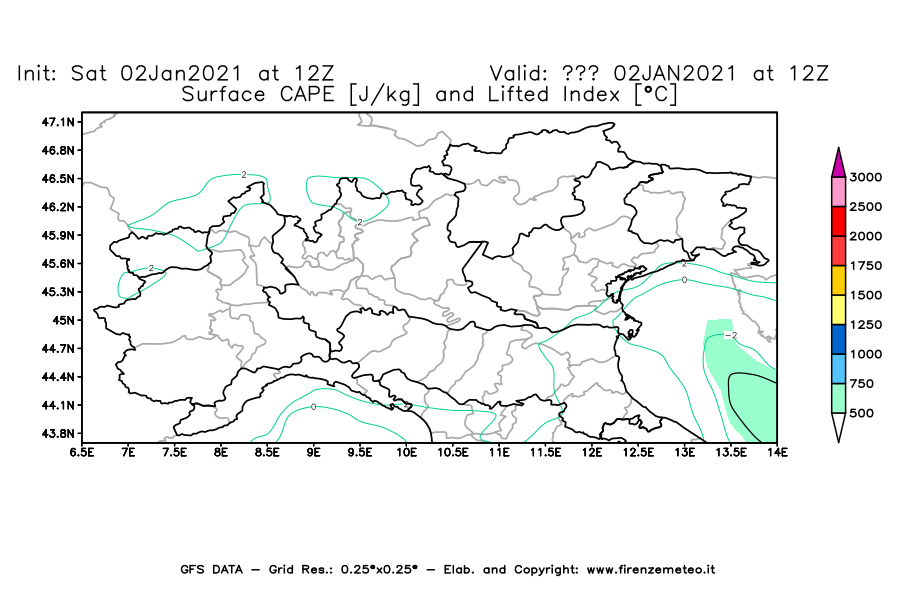 Mappa di analisi GFS - CAPE [J/kg] e Lifted Index [°C] in Nord-Italia
									del 02/01/2021 12 <!--googleoff: index-->UTC<!--googleon: index-->