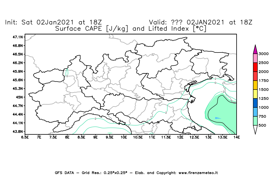 Mappa di analisi GFS - CAPE [J/kg] e Lifted Index [°C] in Nord-Italia
									del 02/01/2021 18 <!--googleoff: index-->UTC<!--googleon: index-->