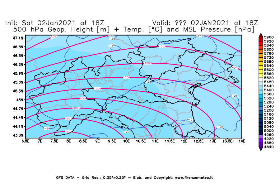 Mappa di analisi GFS - Geopotenziale [m] + Temp. [°C] a 500 hPa + Press. a livello del mare [hPa] in Nord-Italia
									del 02/01/2021 18 <!--googleoff: index-->UTC<!--googleon: index-->