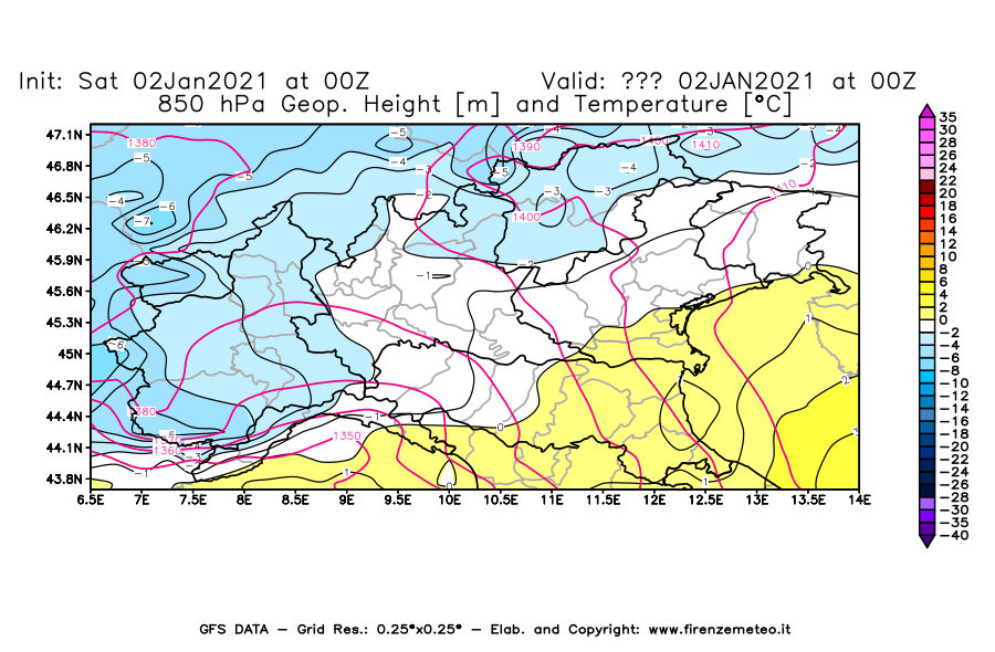Mappa di analisi GFS - Geopotenziale [m] e Temperatura [°C] a 850 hPa in Nord-Italia
									del 02/01/2021 00 <!--googleoff: index-->UTC<!--googleon: index-->