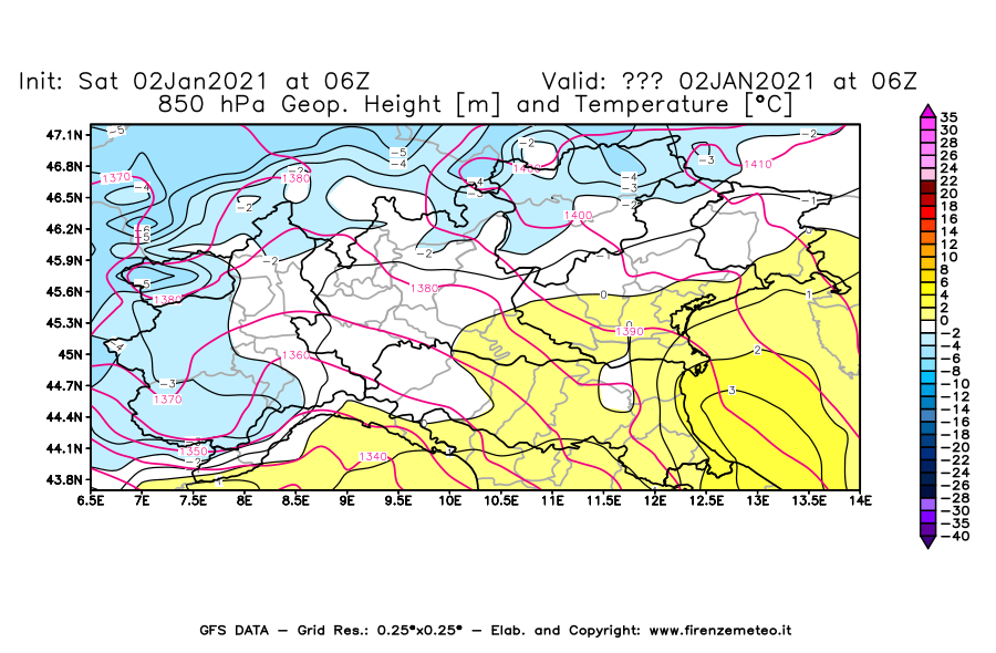 Mappa di analisi GFS - Geopotenziale [m] e Temperatura [°C] a 850 hPa in Nord-Italia
									del 02/01/2021 06 <!--googleoff: index-->UTC<!--googleon: index-->