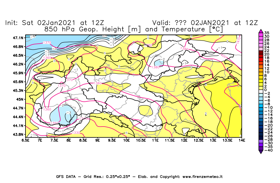 Mappa di analisi GFS - Geopotenziale [m] e Temperatura [°C] a 850 hPa in Nord-Italia
									del 02/01/2021 12 <!--googleoff: index-->UTC<!--googleon: index-->