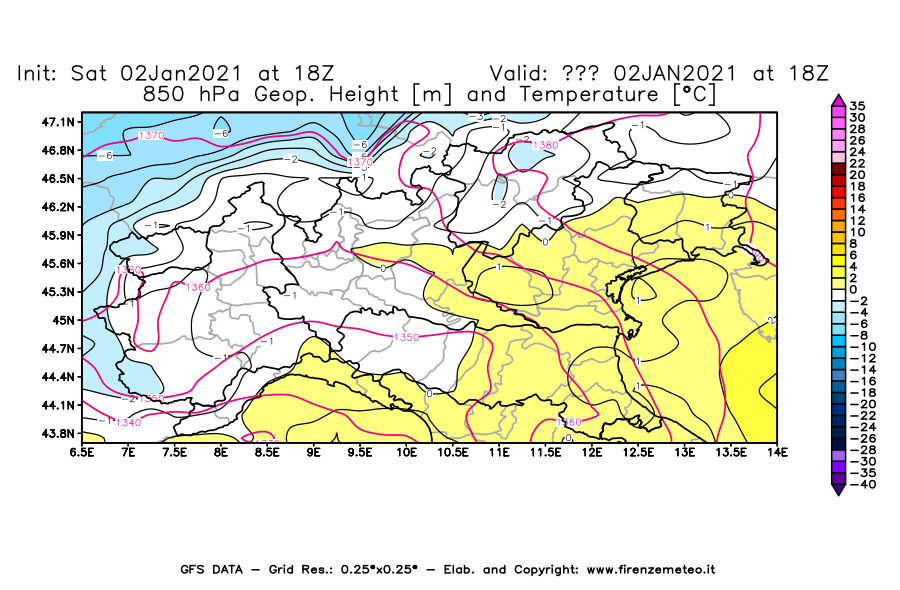 Mappa di analisi GFS - Geopotenziale [m] e Temperatura [°C] a 850 hPa in Nord-Italia
									del 02/01/2021 18 <!--googleoff: index-->UTC<!--googleon: index-->