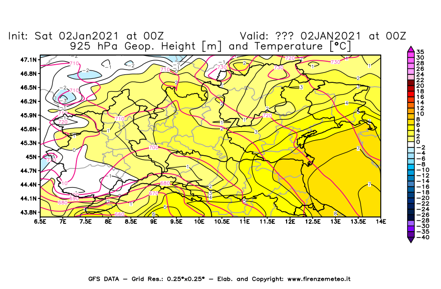 Mappa di analisi GFS - Geopotenziale [m] e Temperatura [°C] a 925 hPa in Nord-Italia
									del 02/01/2021 00 <!--googleoff: index-->UTC<!--googleon: index-->