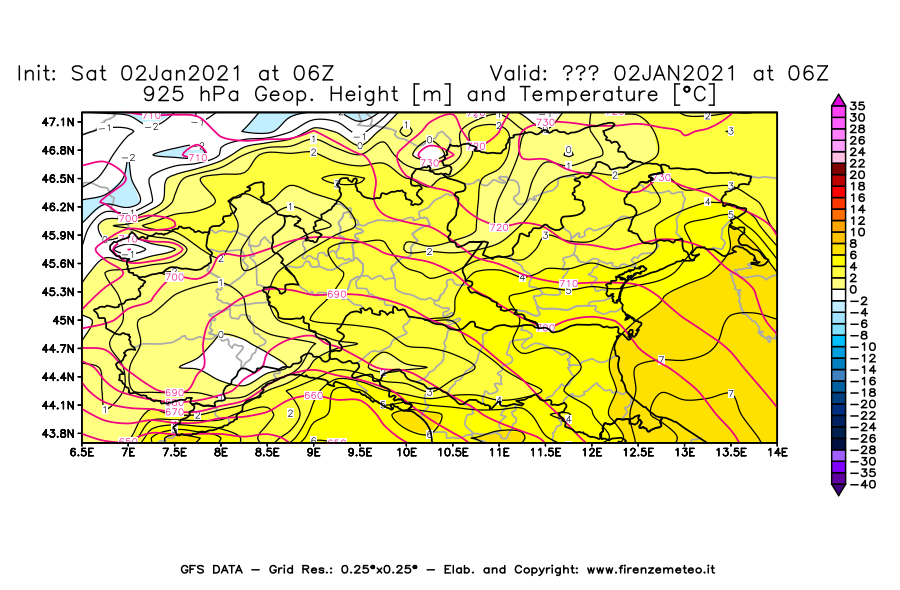 Mappa di analisi GFS - Geopotenziale [m] e Temperatura [°C] a 925 hPa in Nord-Italia
									del 02/01/2021 06 <!--googleoff: index-->UTC<!--googleon: index-->