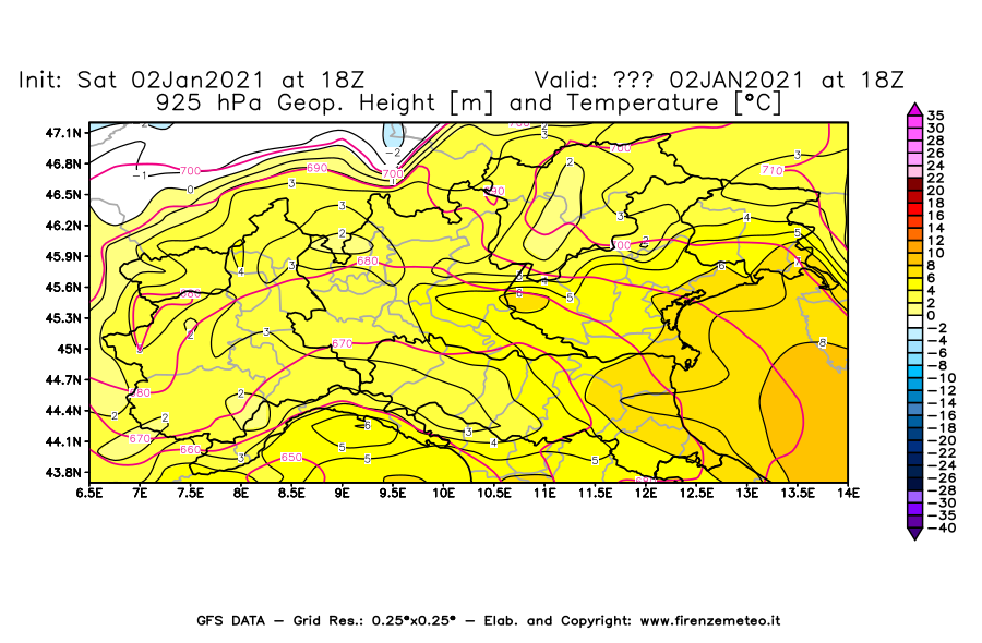 Mappa di analisi GFS - Geopotenziale [m] e Temperatura [°C] a 925 hPa in Nord-Italia
									del 02/01/2021 18 <!--googleoff: index-->UTC<!--googleon: index-->