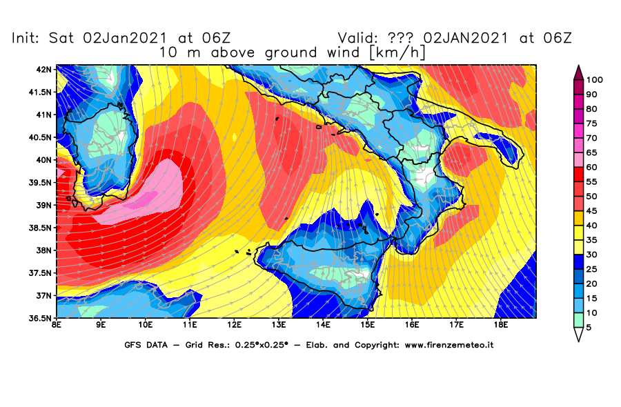 Mappa di analisi GFS - Velocità del vento a 10 metri dal suolo [km/h] in Sud-Italia
									del 02/01/2021 06 <!--googleoff: index-->UTC<!--googleon: index-->