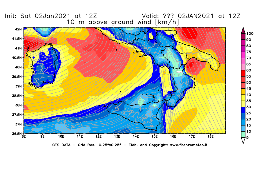 Mappa di analisi GFS - Velocità del vento a 10 metri dal suolo [km/h] in Sud-Italia
									del 02/01/2021 12 <!--googleoff: index-->UTC<!--googleon: index-->