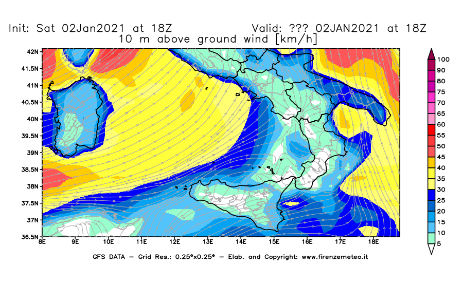 Mappa di analisi GFS - Velocità del vento a 10 metri dal suolo [km/h] in Sud-Italia
									del 02/01/2021 18 <!--googleoff: index-->UTC<!--googleon: index-->