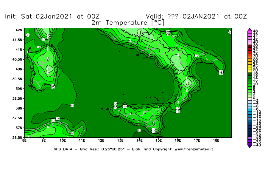 Mappa di analisi GFS - Temperatura a 2 metri dal suolo [°C] in Sud-Italia
									del 02/01/2021 00 <!--googleoff: index-->UTC<!--googleon: index-->