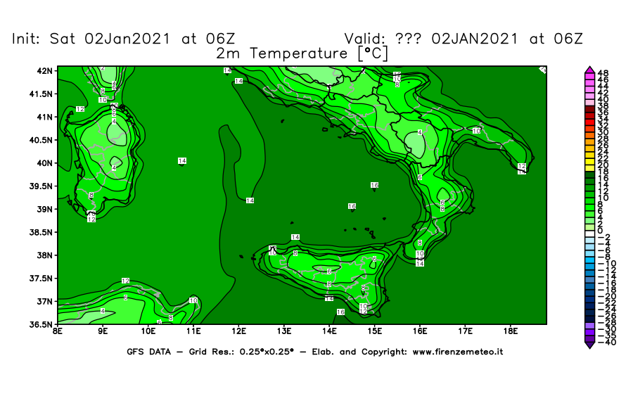 Mappa di analisi GFS - Temperatura a 2 metri dal suolo [°C] in Sud-Italia
									del 02/01/2021 06 <!--googleoff: index-->UTC<!--googleon: index-->