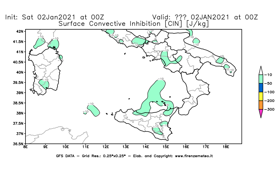 Mappa di analisi GFS - CIN [J/kg] in Sud-Italia
									del 02/01/2021 00 <!--googleoff: index-->UTC<!--googleon: index-->