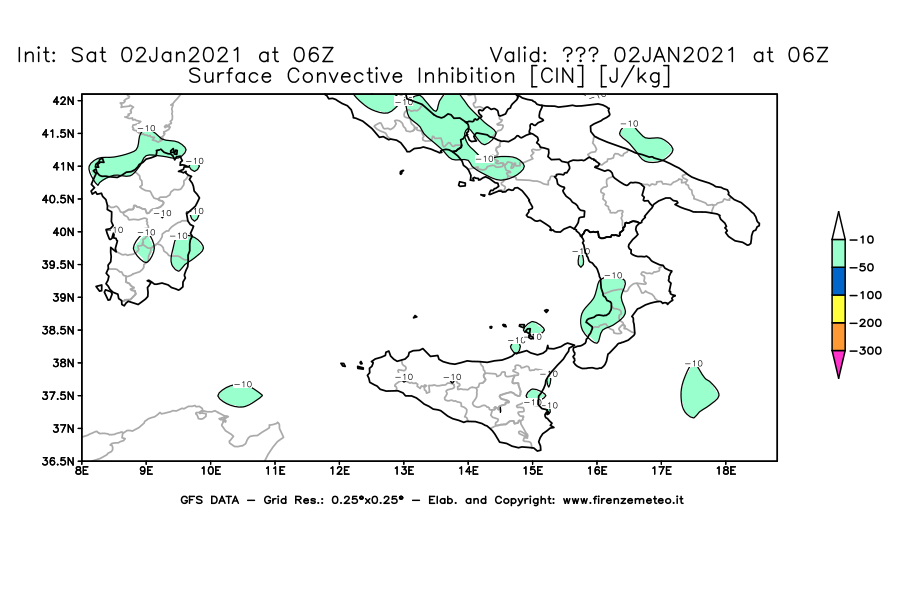 Mappa di analisi GFS - CIN [J/kg] in Sud-Italia
									del 02/01/2021 06 <!--googleoff: index-->UTC<!--googleon: index-->