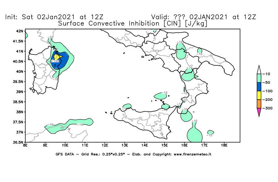 Mappa di analisi GFS - CIN [J/kg] in Sud-Italia
									del 02/01/2021 12 <!--googleoff: index-->UTC<!--googleon: index-->