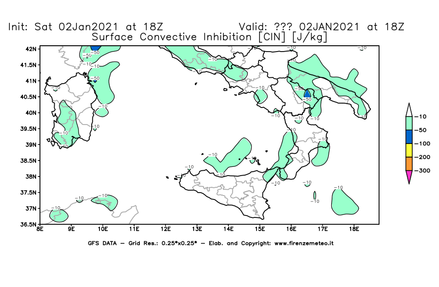Mappa di analisi GFS - CIN [J/kg] in Sud-Italia
									del 02/01/2021 18 <!--googleoff: index-->UTC<!--googleon: index-->