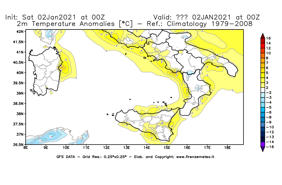 Mappa di analisi GFS - Anomalia Temperatura [°C] a 2 m in Sud-Italia
									del 02/01/2021 00 <!--googleoff: index-->UTC<!--googleon: index-->