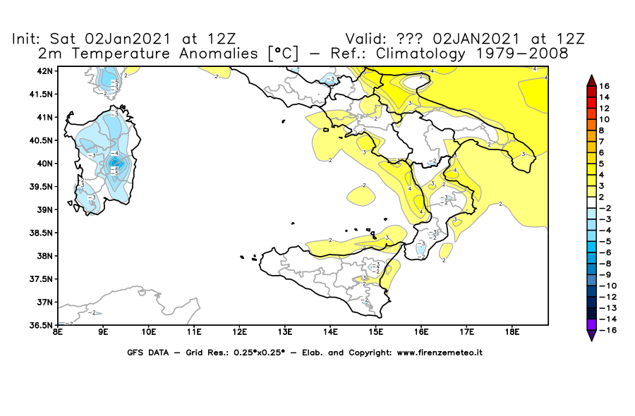 Mappa di analisi GFS - Anomalia Temperatura [°C] a 2 m in Sud-Italia
									del 02/01/2021 12 <!--googleoff: index-->UTC<!--googleon: index-->