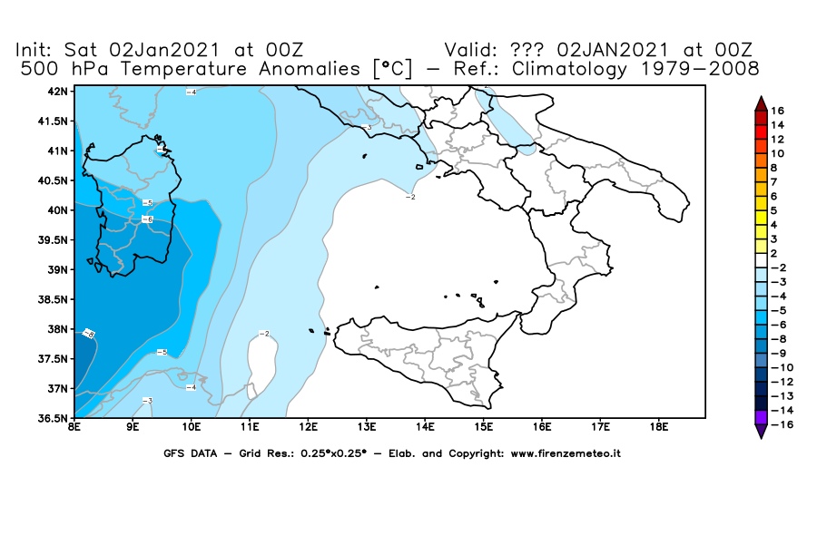 Mappa di analisi GFS - Anomalia Temperatura [°C] a 500 hPa in Sud-Italia
									del 02/01/2021 00 <!--googleoff: index-->UTC<!--googleon: index-->