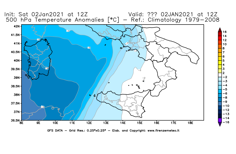 Mappa di analisi GFS - Anomalia Temperatura [°C] a 500 hPa in Sud-Italia
									del 02/01/2021 12 <!--googleoff: index-->UTC<!--googleon: index-->