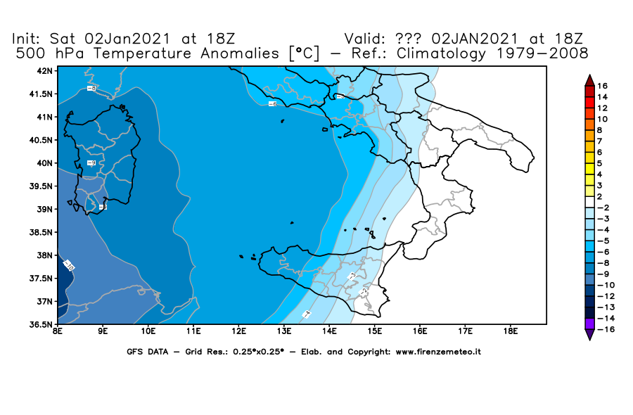 Mappa di analisi GFS - Anomalia Temperatura [°C] a 500 hPa in Sud-Italia
									del 02/01/2021 18 <!--googleoff: index-->UTC<!--googleon: index-->