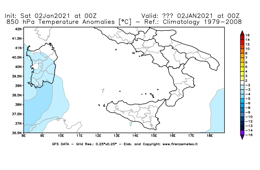 Mappa di analisi GFS - Anomalia Temperatura [°C] a 850 hPa in Sud-Italia
									del 02/01/2021 00 <!--googleoff: index-->UTC<!--googleon: index-->