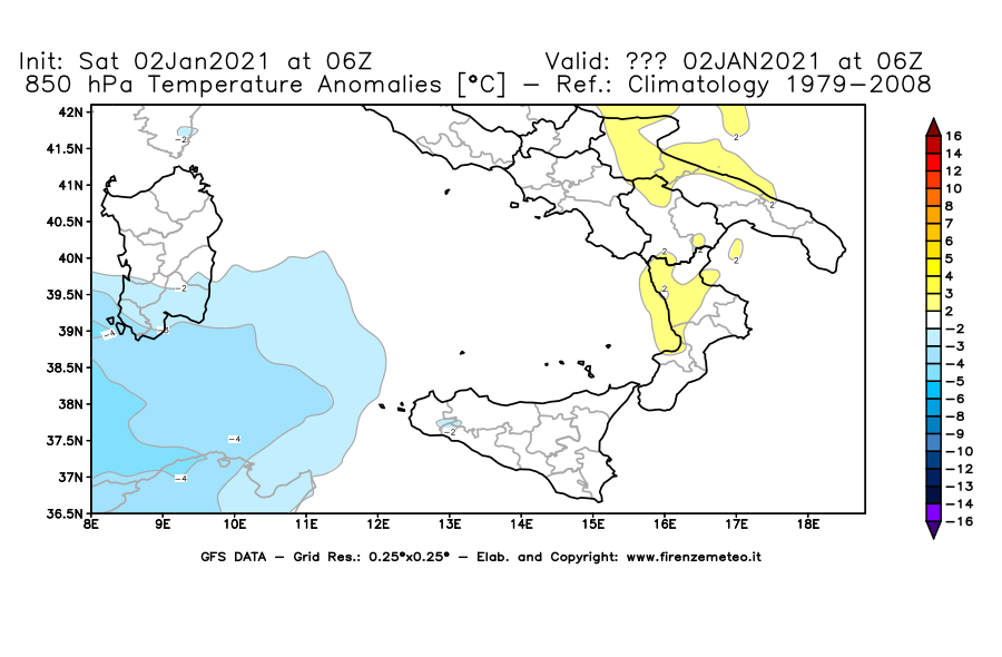 Mappa di analisi GFS - Anomalia Temperatura [°C] a 850 hPa in Sud-Italia
									del 02/01/2021 06 <!--googleoff: index-->UTC<!--googleon: index-->