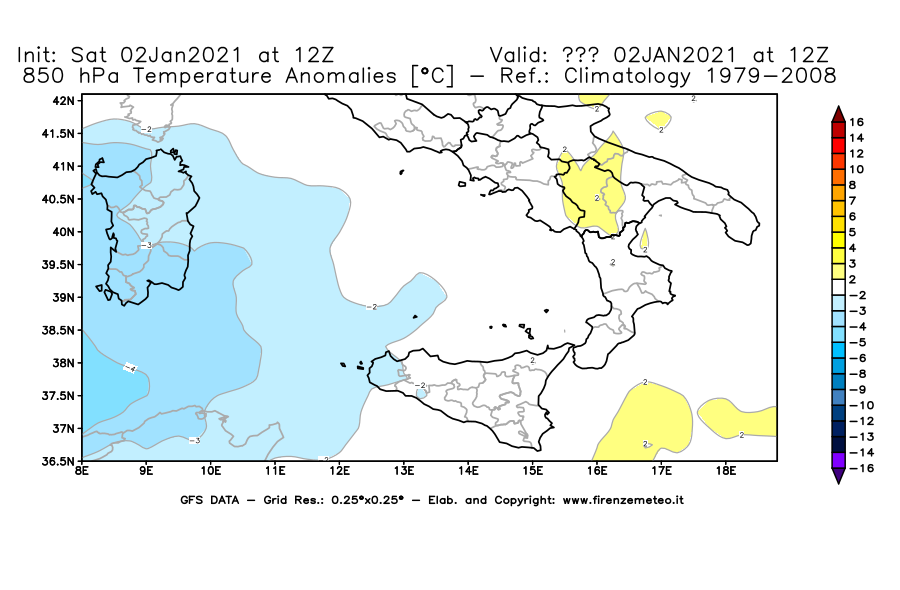 Mappa di analisi GFS - Anomalia Temperatura [°C] a 850 hPa in Sud-Italia
									del 02/01/2021 12 <!--googleoff: index-->UTC<!--googleon: index-->
