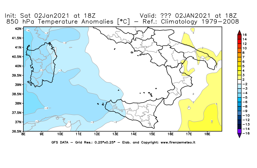 Mappa di analisi GFS - Anomalia Temperatura [°C] a 850 hPa in Sud-Italia
									del 02/01/2021 18 <!--googleoff: index-->UTC<!--googleon: index-->
