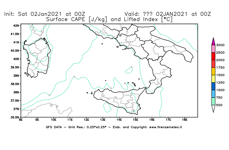 Mappa di analisi GFS - CAPE [J/kg] e Lifted Index [°C] in Sud-Italia
									del 02/01/2021 00 <!--googleoff: index-->UTC<!--googleon: index-->