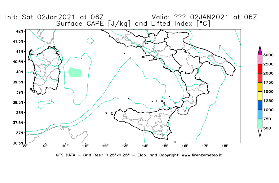 Mappa di analisi GFS - CAPE [J/kg] e Lifted Index [°C] in Sud-Italia
									del 02/01/2021 06 <!--googleoff: index-->UTC<!--googleon: index-->