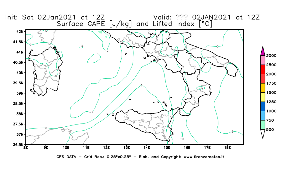 Mappa di analisi GFS - CAPE [J/kg] e Lifted Index [°C] in Sud-Italia
									del 02/01/2021 12 <!--googleoff: index-->UTC<!--googleon: index-->