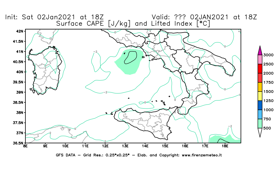 Mappa di analisi GFS - CAPE [J/kg] e Lifted Index [°C] in Sud-Italia
									del 02/01/2021 18 <!--googleoff: index-->UTC<!--googleon: index-->