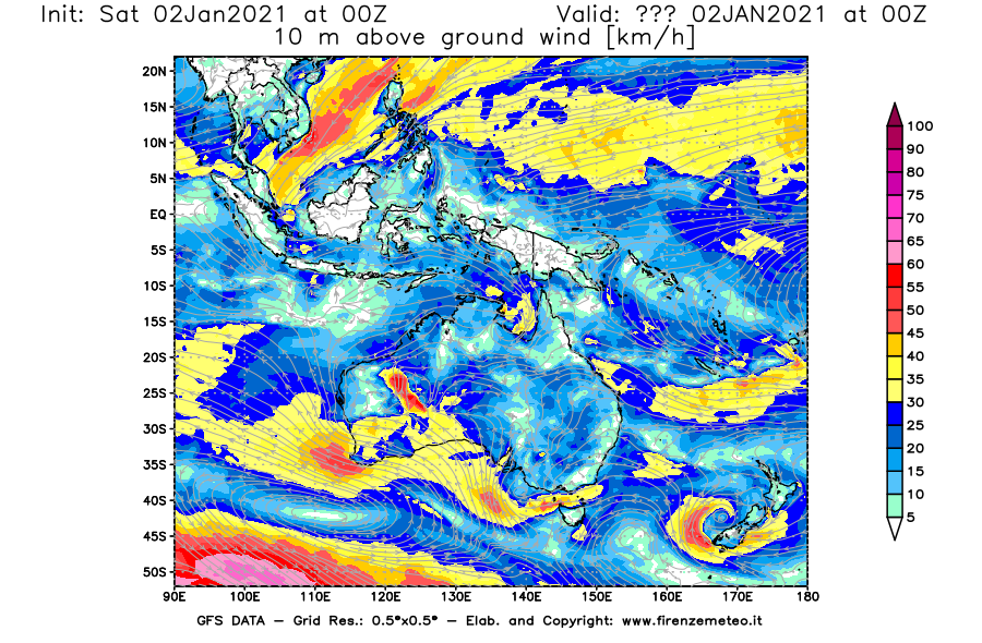Mappa di analisi GFS - Velocità del vento a 10 metri dal suolo [km/h] in Oceania
									del 02/01/2021 00 <!--googleoff: index-->UTC<!--googleon: index-->