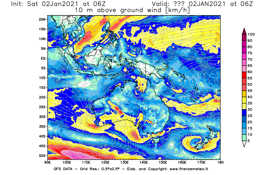 Mappa di analisi GFS - Velocità del vento a 10 metri dal suolo [km/h] in Oceania
									del 02/01/2021 06 <!--googleoff: index-->UTC<!--googleon: index-->