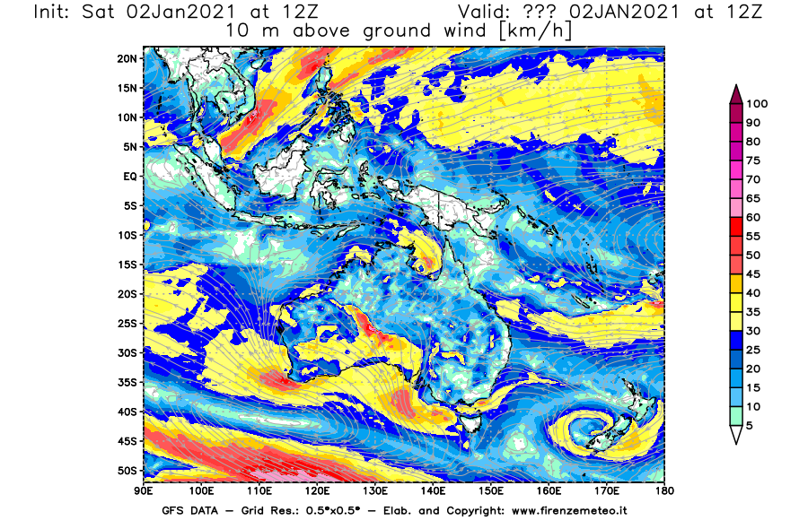 Mappa di analisi GFS - Velocità del vento a 10 metri dal suolo [km/h] in Oceania
									del 02/01/2021 12 <!--googleoff: index-->UTC<!--googleon: index-->