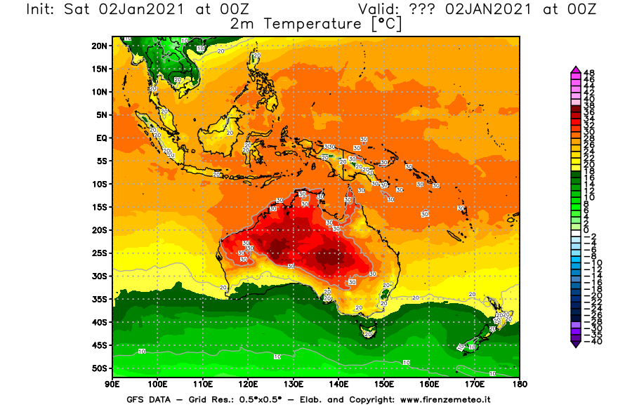 Mappa di analisi GFS - Temperatura a 2 metri dal suolo [°C] in Oceania
									del 02/01/2021 00 <!--googleoff: index-->UTC<!--googleon: index-->