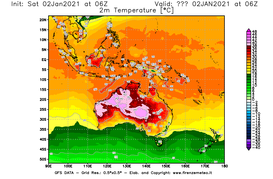 Mappa di analisi GFS - Temperatura a 2 metri dal suolo [°C] in Oceania
									del 02/01/2021 06 <!--googleoff: index-->UTC<!--googleon: index-->