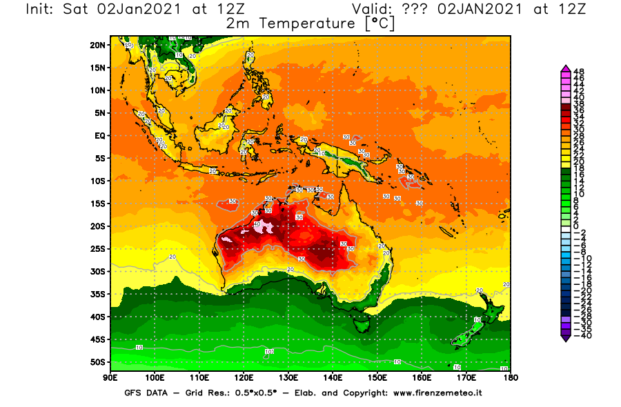 Mappa di analisi GFS - Temperatura a 2 metri dal suolo [°C] in Oceania
									del 02/01/2021 12 <!--googleoff: index-->UTC<!--googleon: index-->