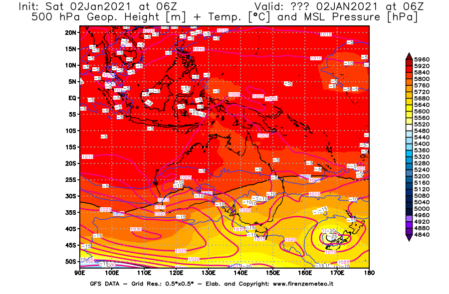 Mappa di analisi GFS - Geopotenziale [m] + Temp. [°C] a 500 hPa + Press. a livello del mare [hPa] in Oceania
									del 02/01/2021 06 <!--googleoff: index-->UTC<!--googleon: index-->