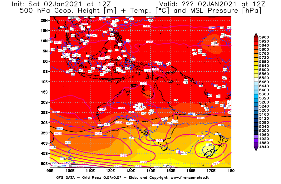 Mappa di analisi GFS - Geopotenziale [m] + Temp. [°C] a 500 hPa + Press. a livello del mare [hPa] in Oceania
									del 02/01/2021 12 <!--googleoff: index-->UTC<!--googleon: index-->