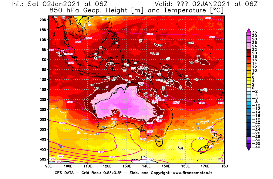 Mappa di analisi GFS - Geopotenziale [m] e Temperatura [°C] a 850 hPa in Oceania
									del 02/01/2021 06 <!--googleoff: index-->UTC<!--googleon: index-->