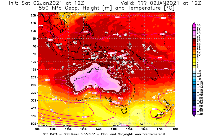 Mappa di analisi GFS - Geopotenziale [m] e Temperatura [°C] a 850 hPa in Oceania
									del 02/01/2021 12 <!--googleoff: index-->UTC<!--googleon: index-->