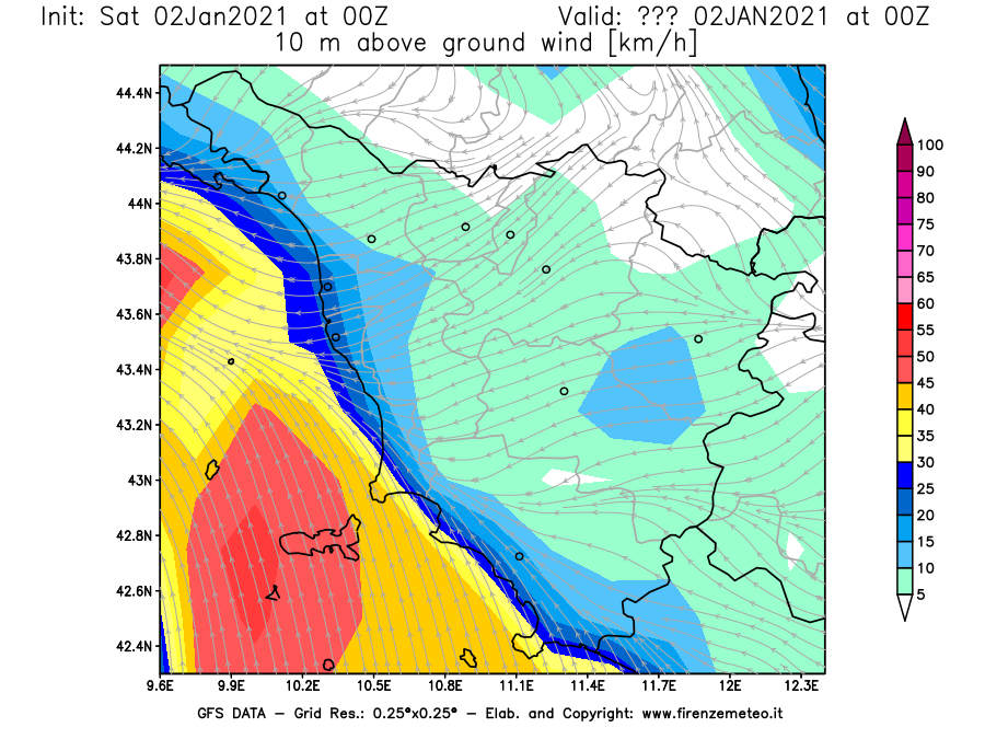 Mappa di analisi GFS - Velocità del vento a 10 metri dal suolo [km/h] in Toscana
									del 02/01/2021 00 <!--googleoff: index-->UTC<!--googleon: index-->